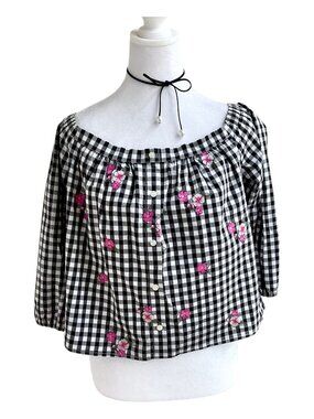 Hollister Top Gingham Black White Pink Embroidered (M)